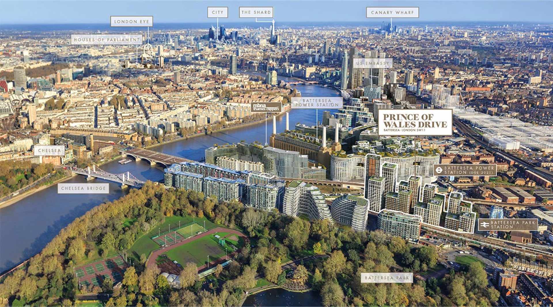 A map pinpointing some popular tourist destinations in London, including Battersea Park, conveniently located next to Battersea Park station. 
