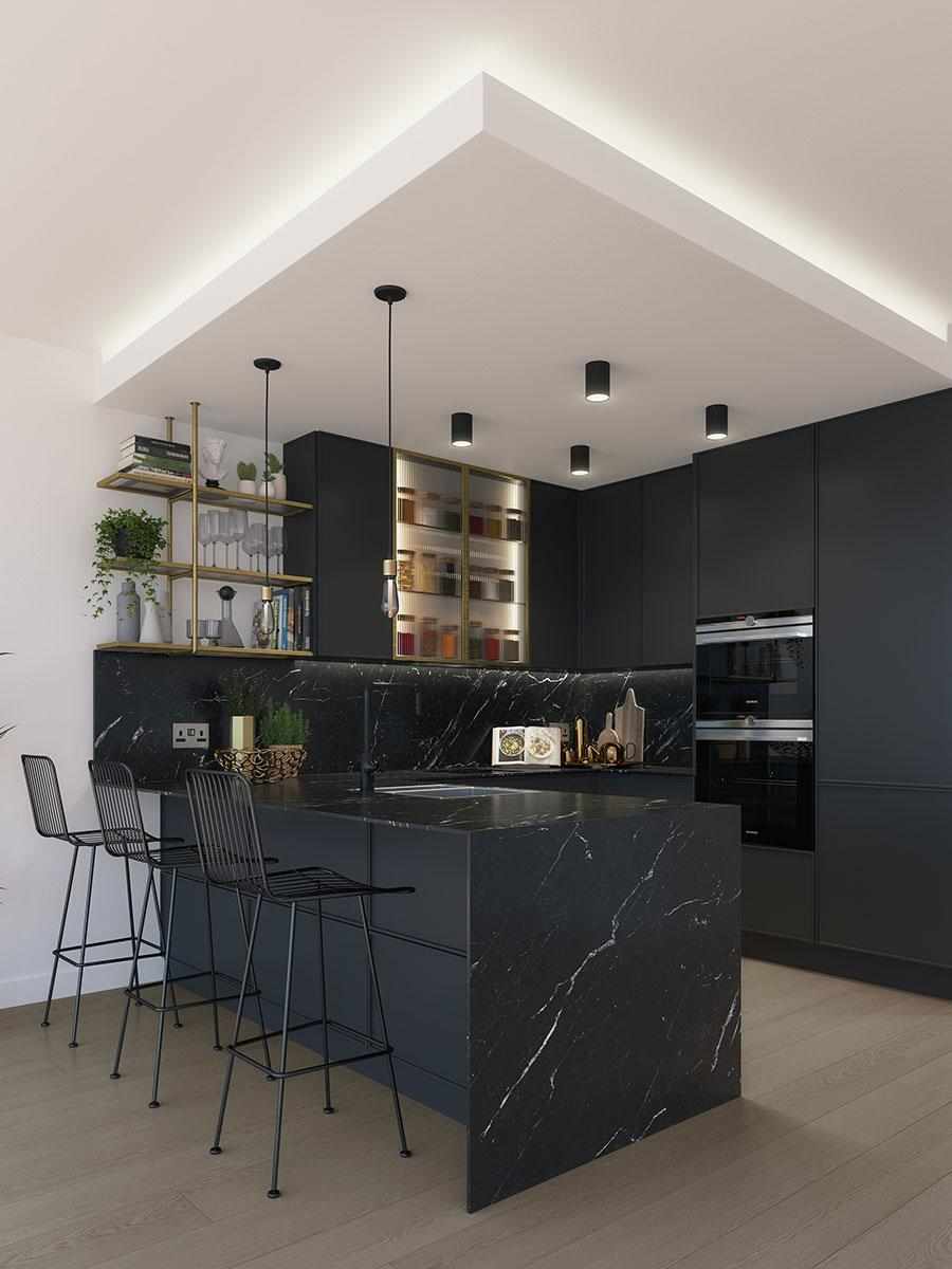 Berkeley, 250 City Road, Development Interior, Kitchen, Dark Scheme
