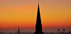 St George, Dickens Yard, View, Orange Sunrise Steeple