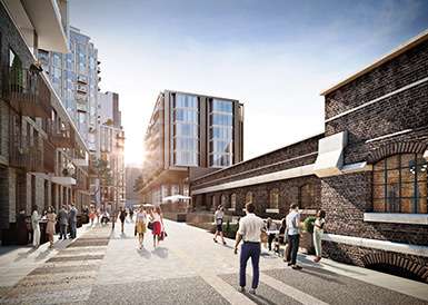Computer generated image of the refurbished Pennington Street Warehouse in the London Dock development