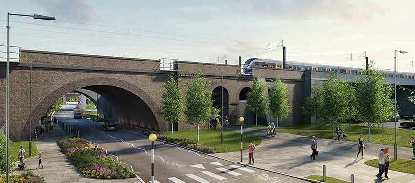 CGI feature additional lighting, pedestrian crossings and improved landscaping from Stonebridge Park Station towards Grand Union.