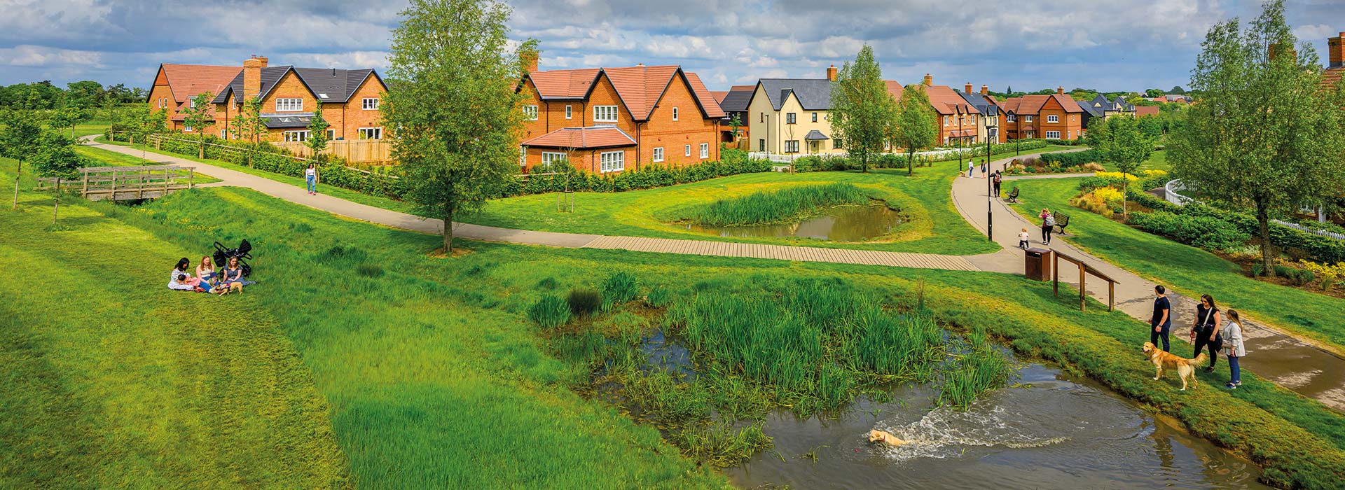 Exterior image of a Berkeley residential community with plenty of green space