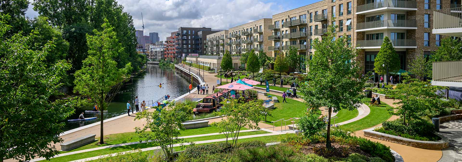 An exterior image of the Grand Union development and canalside piazza