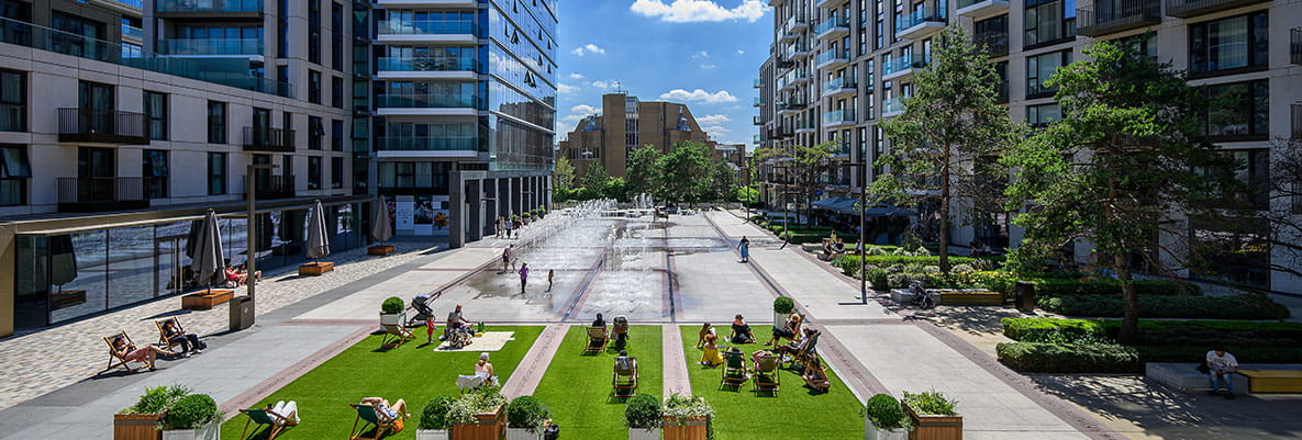 An image of a Berkeley Development with a vast courtyard