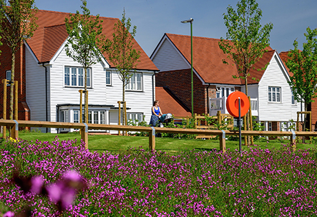 Image of two white painted homes at Broadacres positioned by a park
