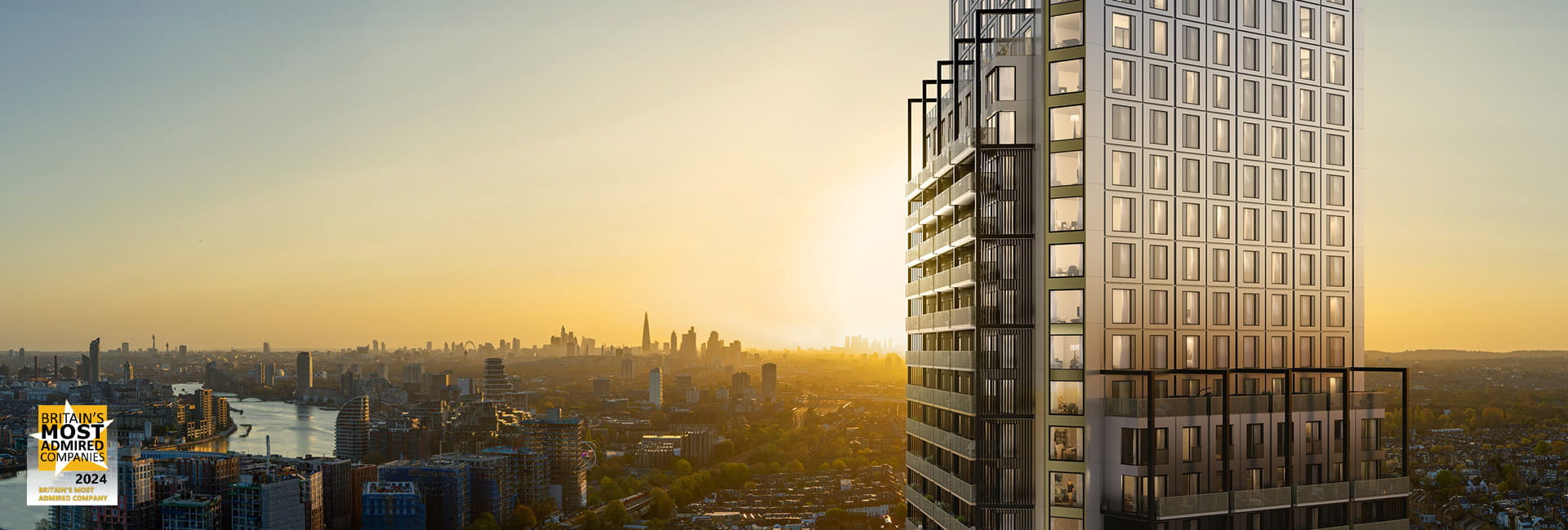 Exterior photo of Wandsworth Mills with Britain's Most Admired Company logo