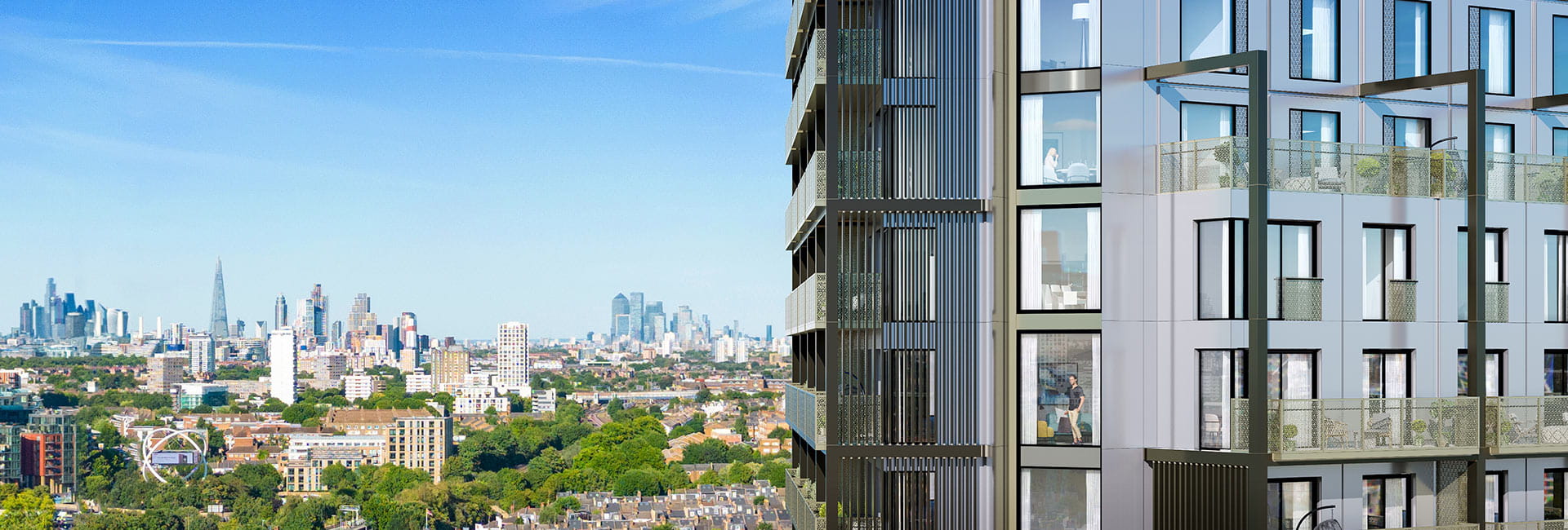 Exterior image of Wandsworth Mills with the London skyline in the background