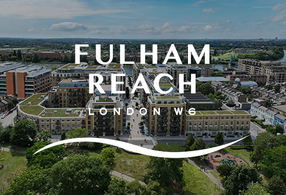 An exterior aerial shot of Fulham Reach with the Fulham Reach logo