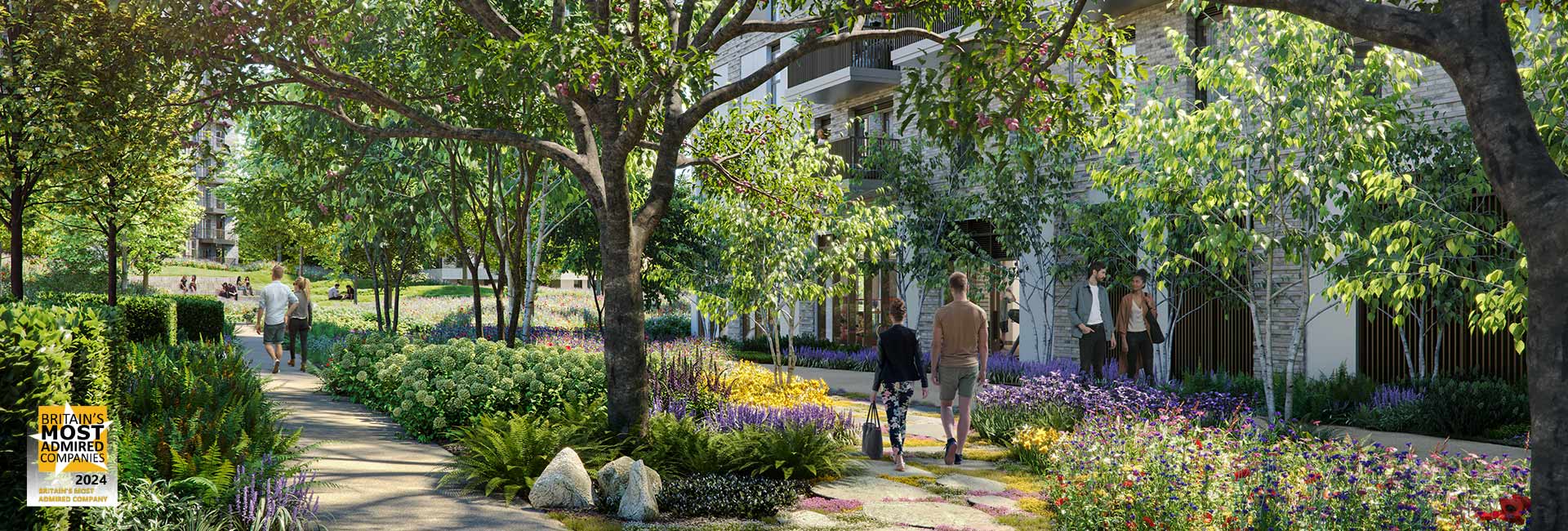 Exterior CGI at Bow Green with Britain's Most Admired Company logo