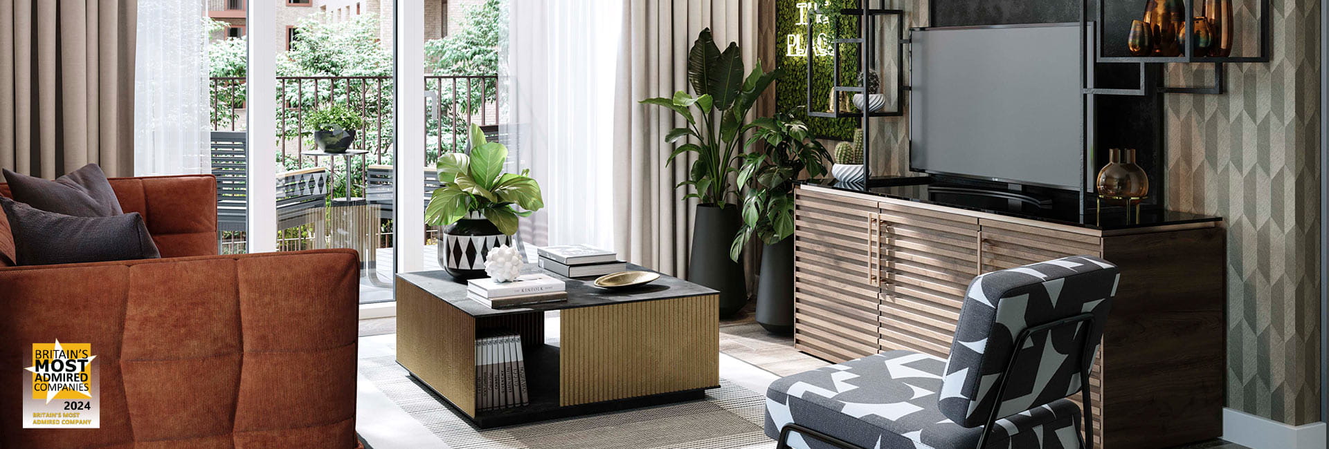 Interior image of Poplar Riverside home with Britain's Most Admired Company logo