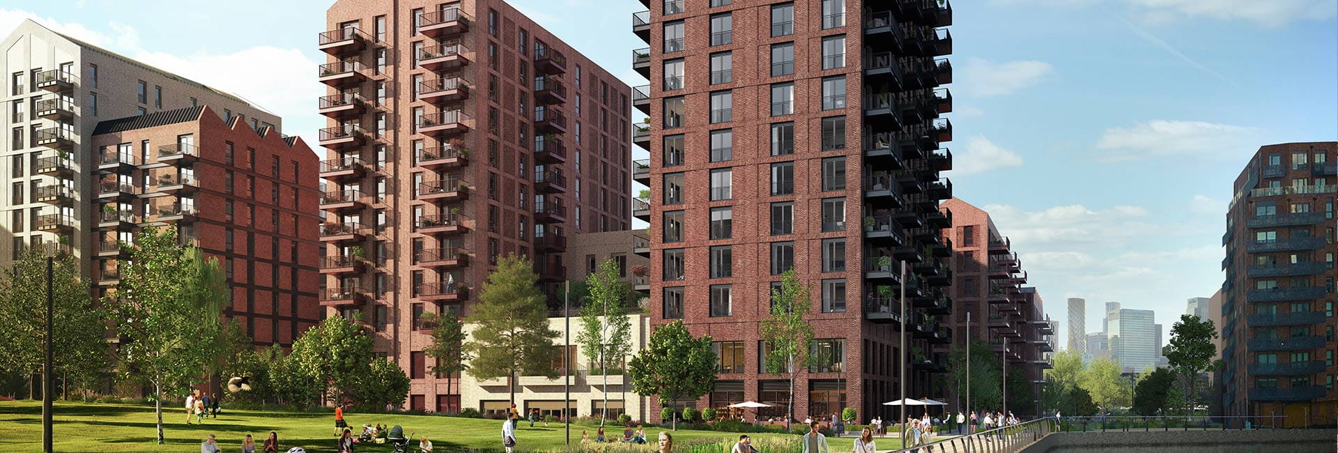 Exterior image of a St William development with residents enjoying the courtyard gardens