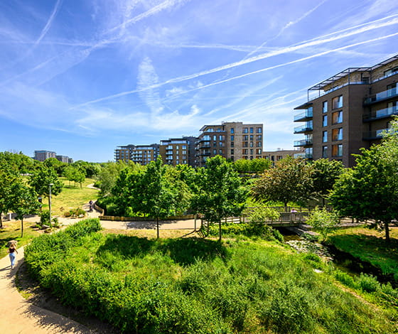 An exterior image showing the green open space available at Kidbrooke Village