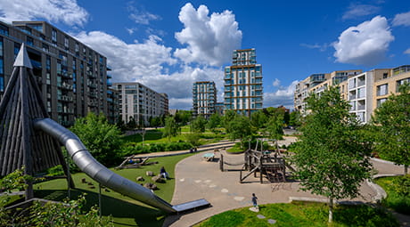 An exterior image of green space at a development