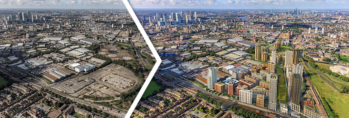 A before and after graphic of our brownfield regeneration projects