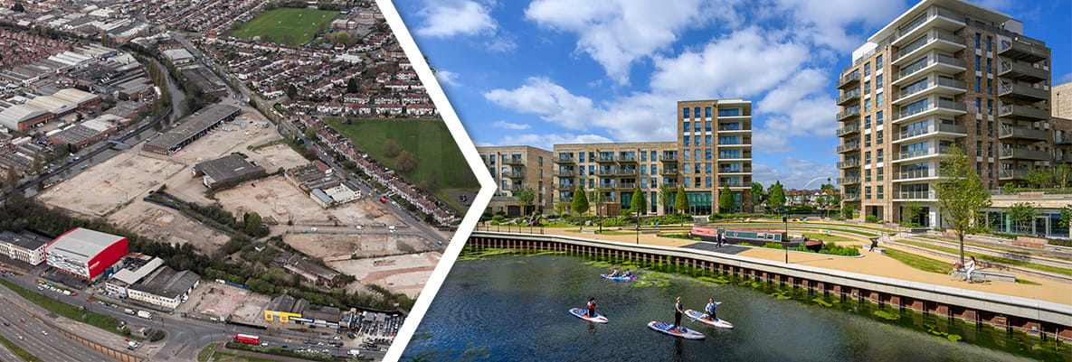 Grand Union; a brownfield site, before and after regeneration, formerly an industrial estate
