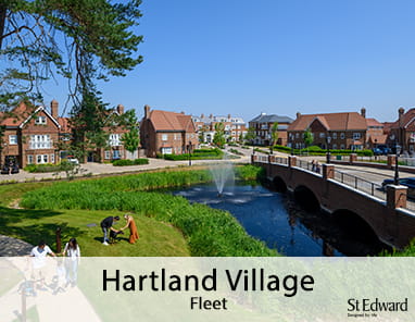 An exterior image of Hartland Village with labels