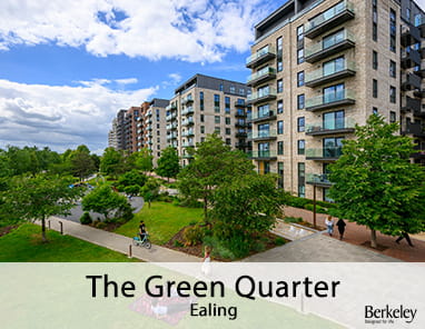 An exterior image of The Green Quarter with labels