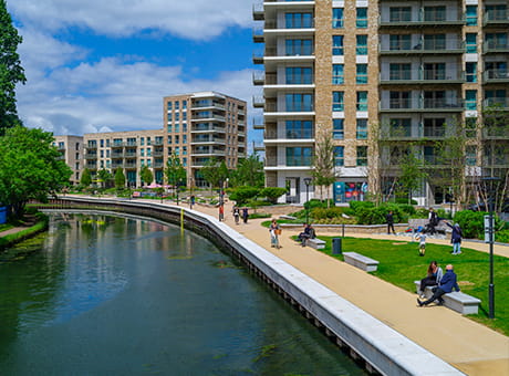 Grand Union riverside apartments and green areas