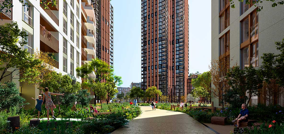 An exterior CGI of the Avenue Space at King's Road Park