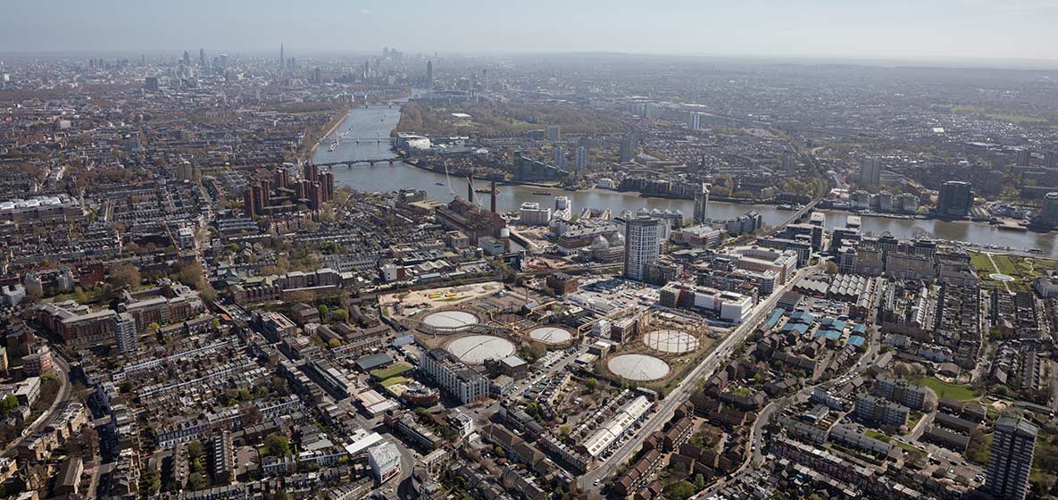 An aerial photograph of the Fulham Gasworks