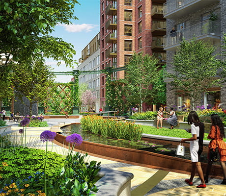 An exterior CGI of the courtyard area at Oval Village