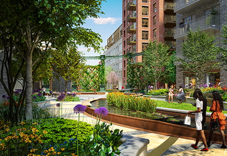 A CGI of the Oval Village Court Yard