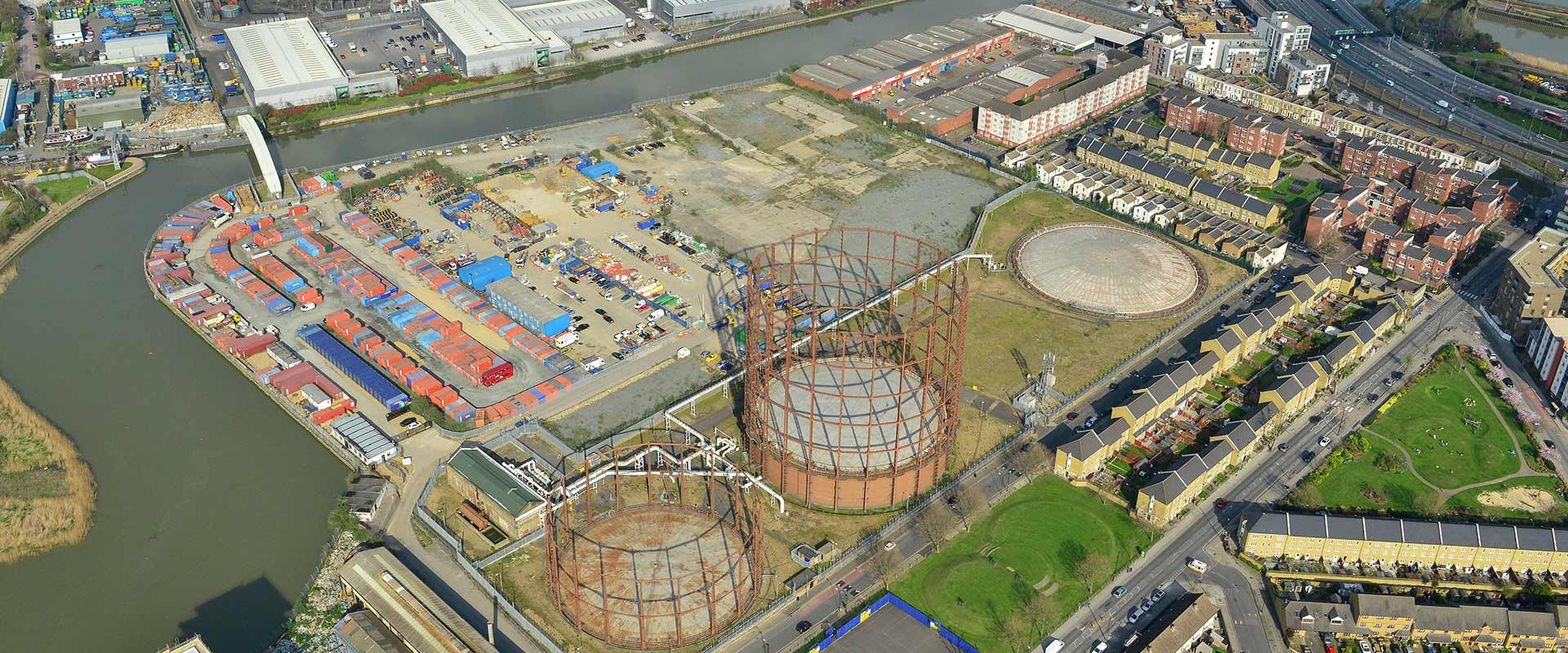 An aerial shot of Poplar Gasworks