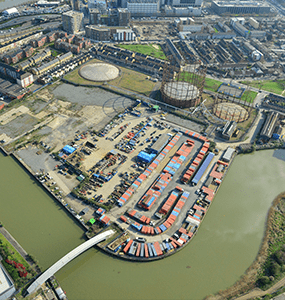An aerial shot of Poplar Gasworks