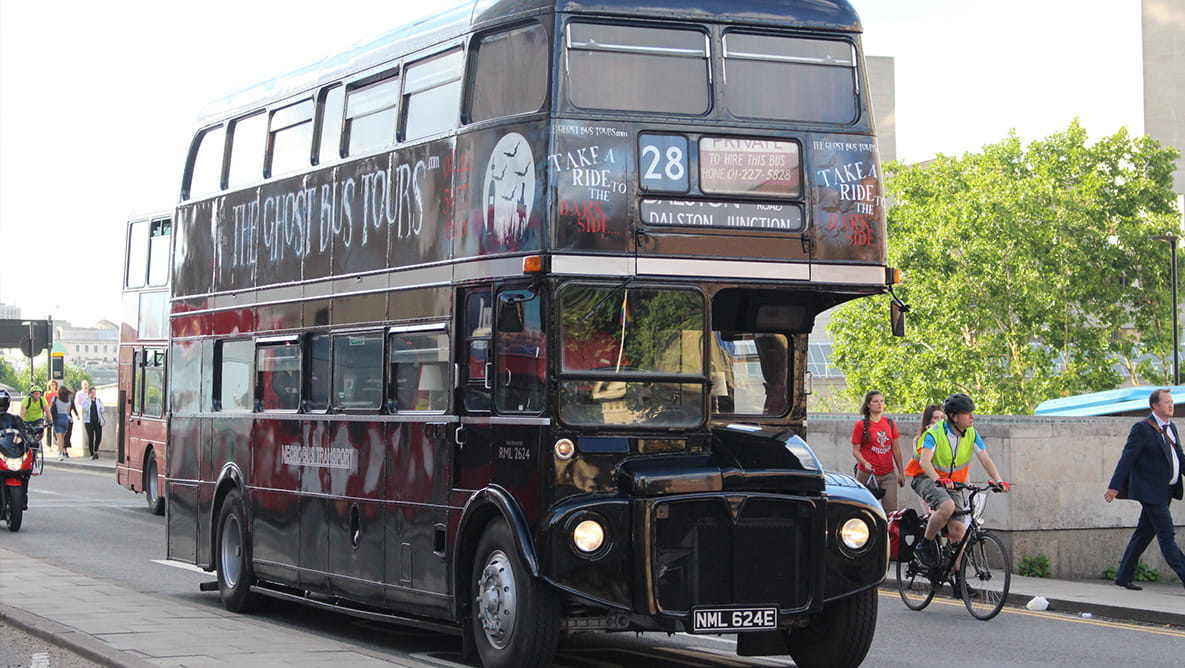 London bus promoting the Ghost Bus Tour.
