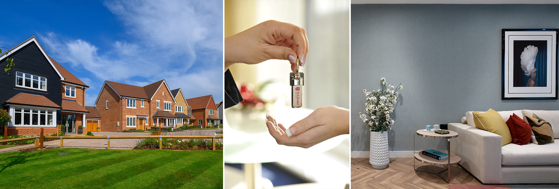 A collage of three images. The first image shows an array of new build houses, surrounded by green space, at a development by Berkeley Group. The second image shows an exchange of house keys from one of the sales team to a buyer. The third image highlights the contemporary interior of a new build home, complete with relaxing colour palettes for a calm, modern aesthetic.