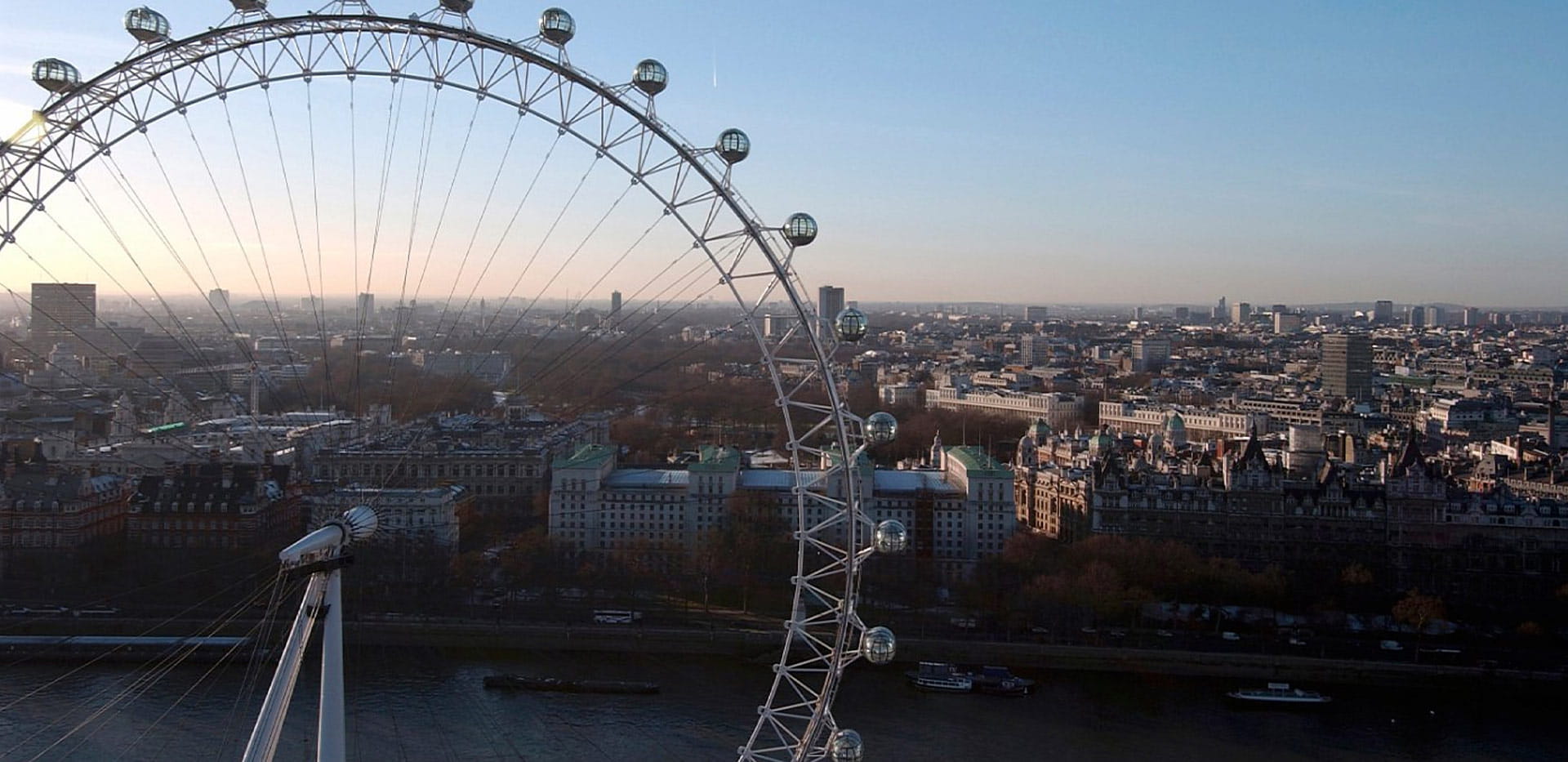 The London Eye overlooking the River Thames and iconic buildings in Central London.