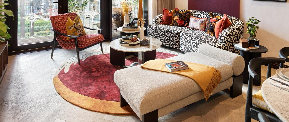 Bold colour palette at Jade Wharf interior design London Dock