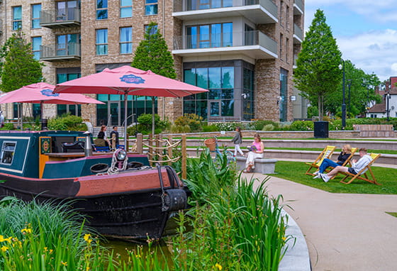 An exterior image of the Canalside Piazza at Grand Union