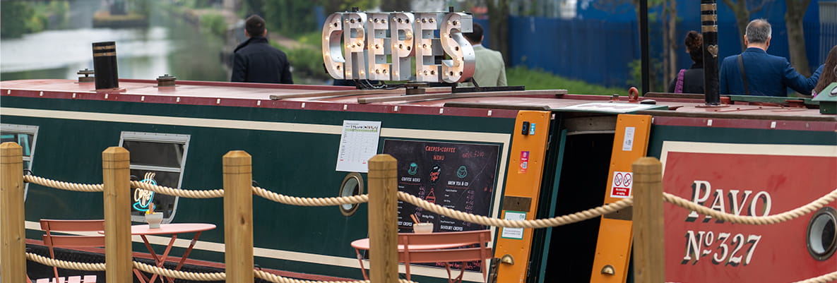 Crepes + Coffee cafe, located on a narrowboat in Grand Union.