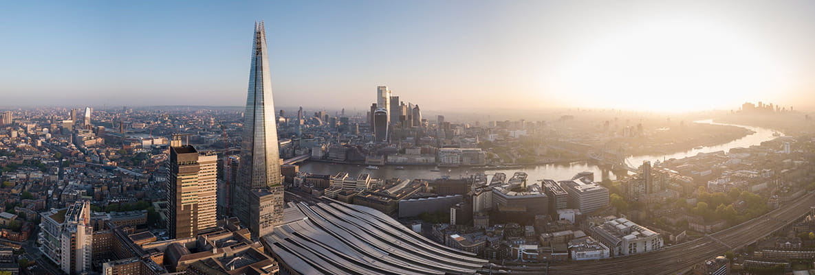 A panorama of the London skyline, showing the Shard and other buildings