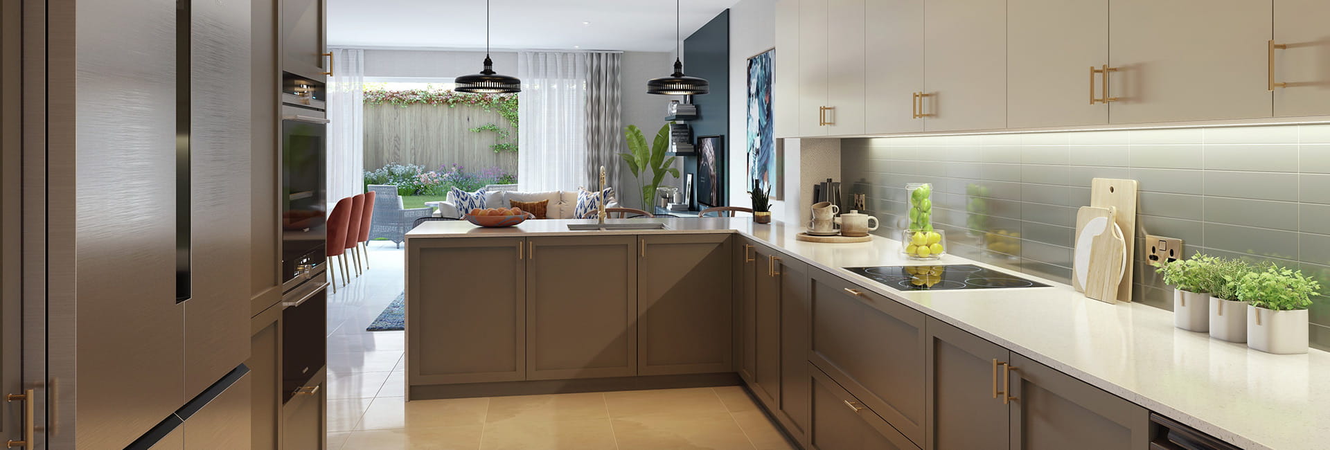 Kitchen with a grey design and white marble worktops