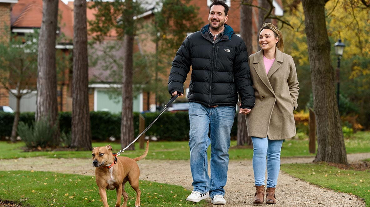 An image of a family walking their dog at Hartland Village