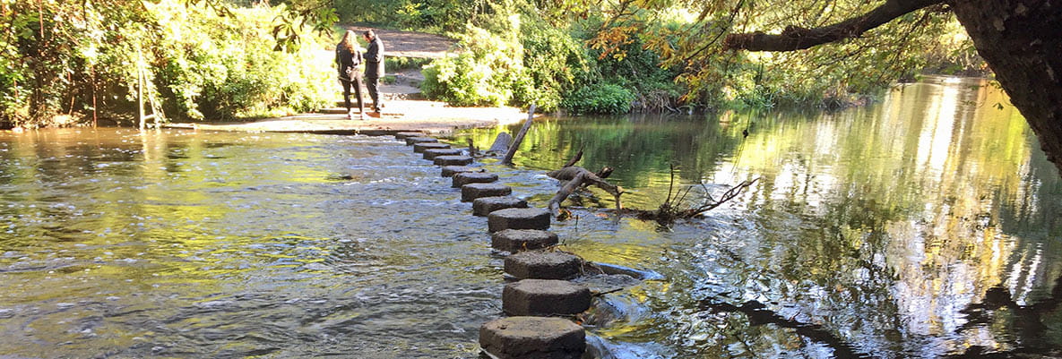 Stepping stones to cross the river as part of the Box Hill walk in Surrey, South East England. 