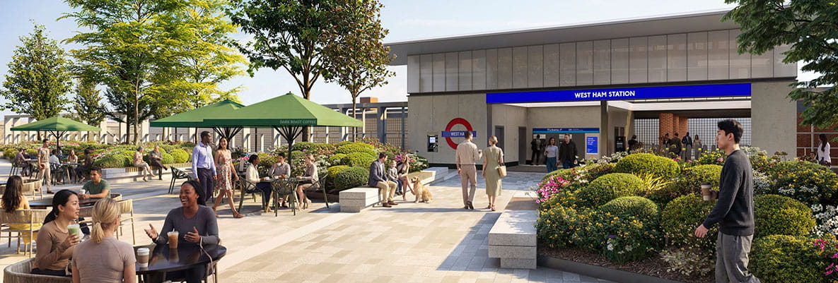 An exterior CGI of the West Ham tube station at TwelveTrees Park