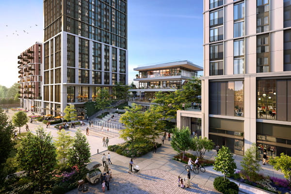 CGI of the development building with pedestrian walkways and landscaped areas at ground level