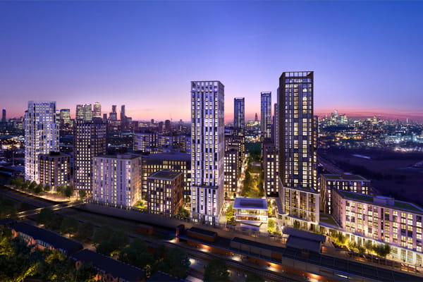 The development viewed from oblique sky view angle, taken at dusk / early evening