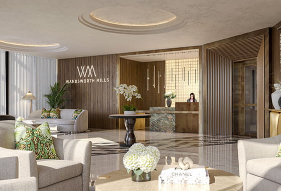 An interior CGI of the Concierge in the Facilities at Wandsworth Mills