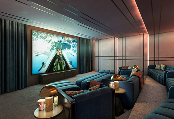 An interior CGI of the Cinema Room in the Facilities at Wandsworth Mills