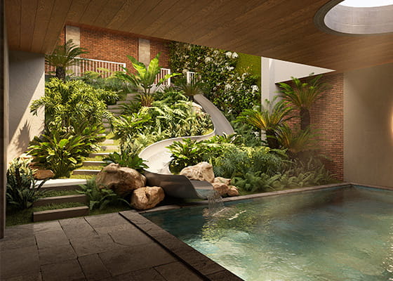 Tropical-inspired residents’ swimming pool in Quarter’s Yard 