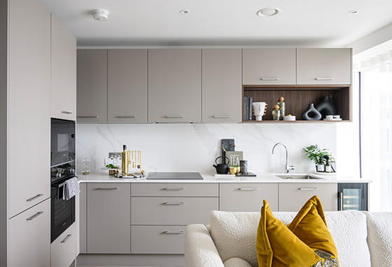 An interior kitchen image within a showhome at Royal Arsenal Riverside