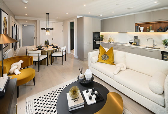 An interior living/dining image within a showhome at Royal Arsenal Riverside