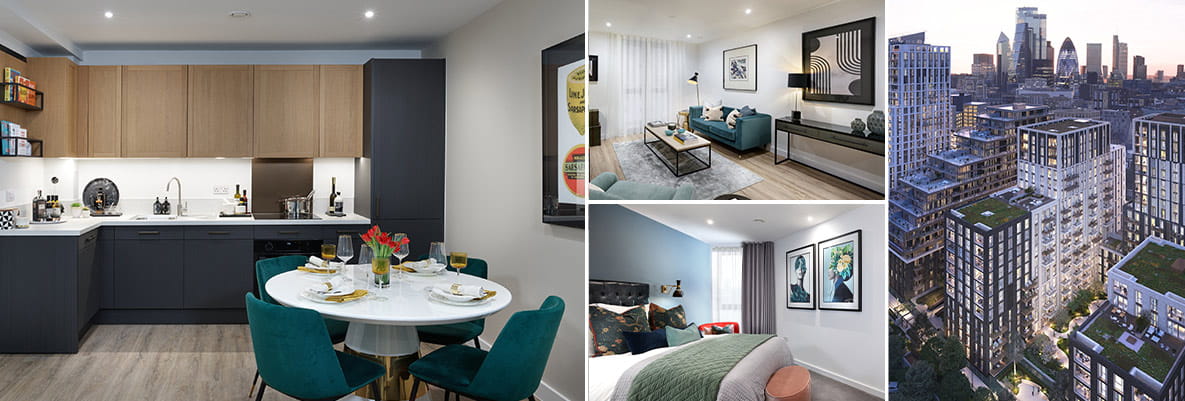 A montage of images of apartment interiors at Saffron Wharf