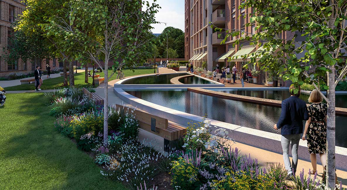An exterior CGI of the Alexandra Gate water feature