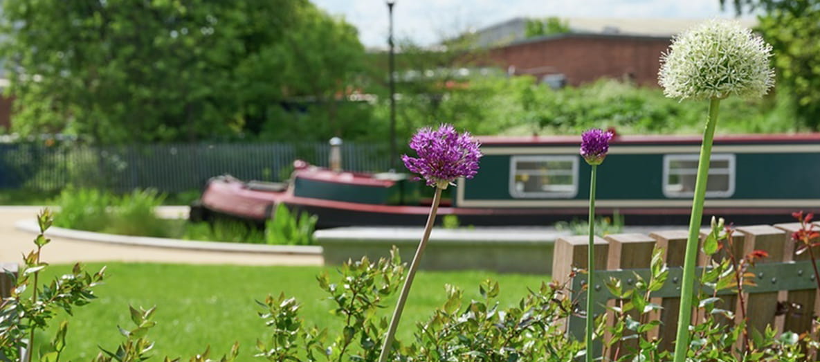 Scenic image of flowers with Barge in the background