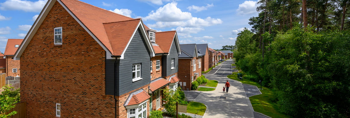 Exterior façade of new build housing development and pedestrian path adjacent to tall trees